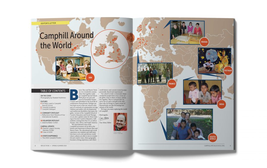 A spread showing illustration of world map with photos.