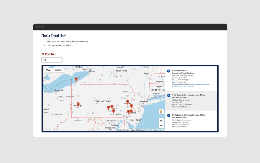 Screenshot of fraud unit location finder.